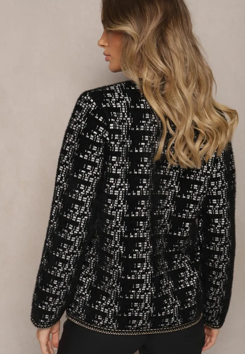 Czarny Dzianinowy Kardigan z Perłowymi Guzikami i Błyszczącą Nitką Dailira