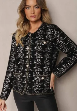 Czarny Dzianinowy Kardigan z Perłowymi Guzikami i Błyszczącą Nitką Dailira