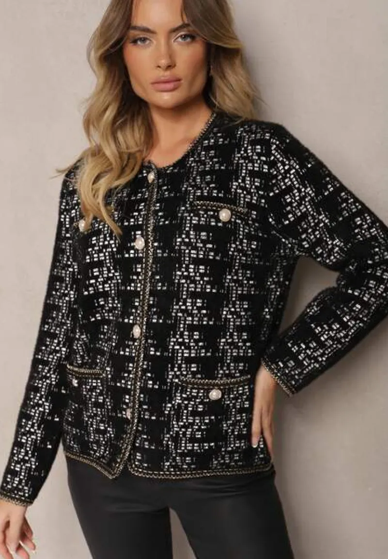 Czarny Dzianinowy Kardigan z Perłowymi Guzikami i Błyszczącą Nitką Dailira
