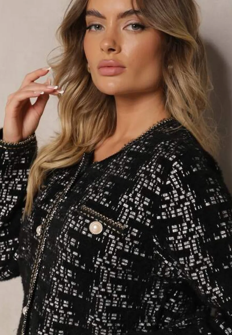 Czarny Dzianinowy Kardigan z Perłowymi Guzikami i Błyszczącą Nitką Dailira