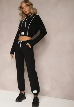 Czarny Dzianinowy Komplet Dresowy z Bawełny z Naszywkami Akbutol