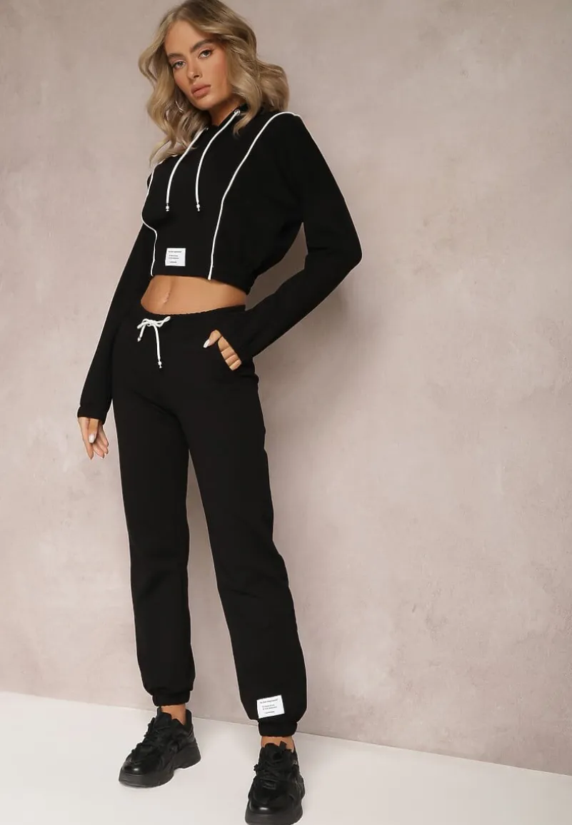 Czarny Dzianinowy Komplet Dresowy z Bawełny z Naszywkami Akbutol