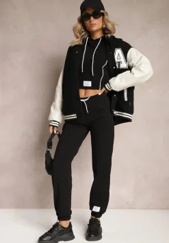 Czarny Dzianinowy Komplet Dresowy z Bawełny z Naszywkami Akbutol