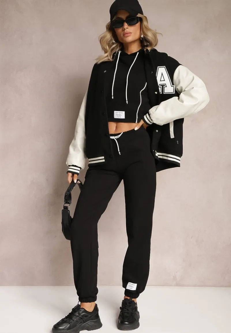 Czarny Dzianinowy Komplet Dresowy z Bawełny z Naszywkami Akbutol