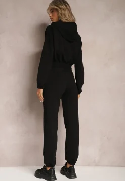 Czarny Dzianinowy Komplet Dresowy z Bawełny z Naszywkami Akbutol