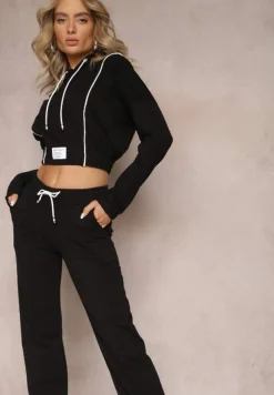 Czarny Dzianinowy Komplet Dresowy z Bawełny z Naszywkami Akbutol