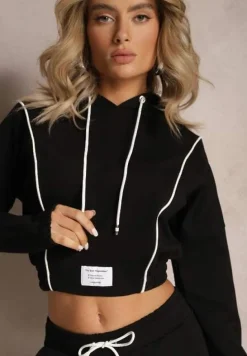 Czarny Dzianinowy Komplet Dresowy z Bawełny z Naszywkami Akbutol