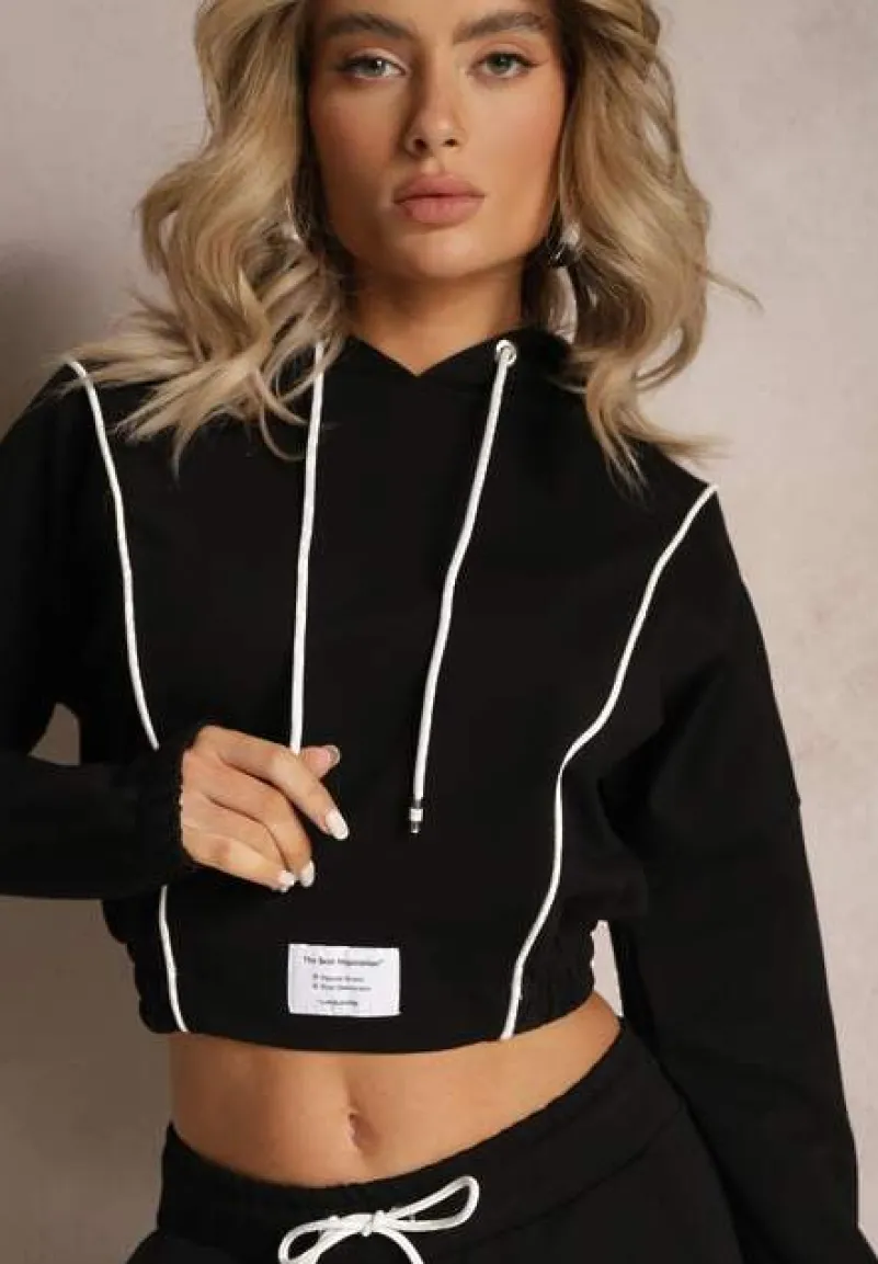 Czarny Dzianinowy Komplet Dresowy z Bawełny z Naszywkami Akbutol