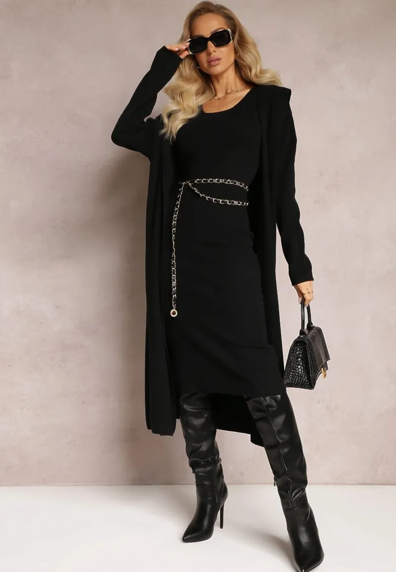 Czarny Dzianinowy Komplet Sukienka Midi i Kardigan z Kapturem Atessia