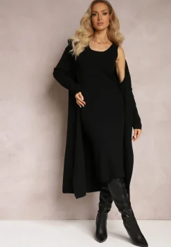 Czarny Dzianinowy Komplet Sukienka Midi i Kardigan z Kapturem Atessia