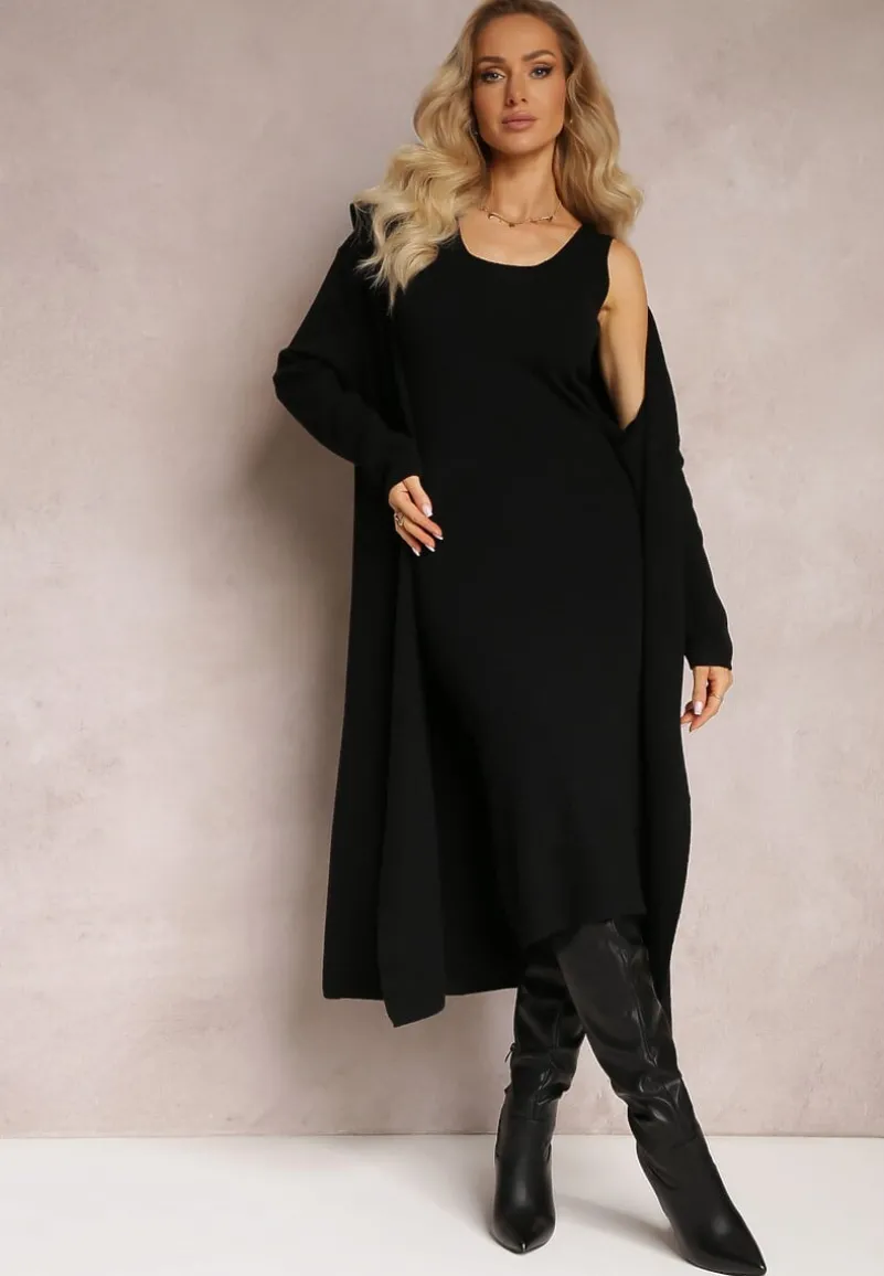 Czarny Dzianinowy Komplet Sukienka Midi i Kardigan z Kapturem Atessia