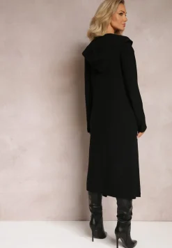 Czarny Dzianinowy Komplet Sukienka Midi i Kardigan z Kapturem Atessia