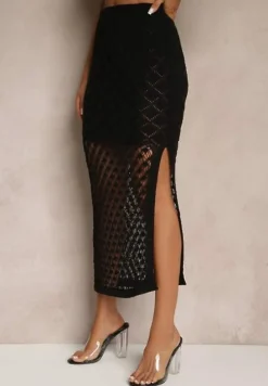 Czarny Dzianinowy Komplet Top na Ramiączkach i Spódnica z Siateczkowej Tkaniny Tiarienne