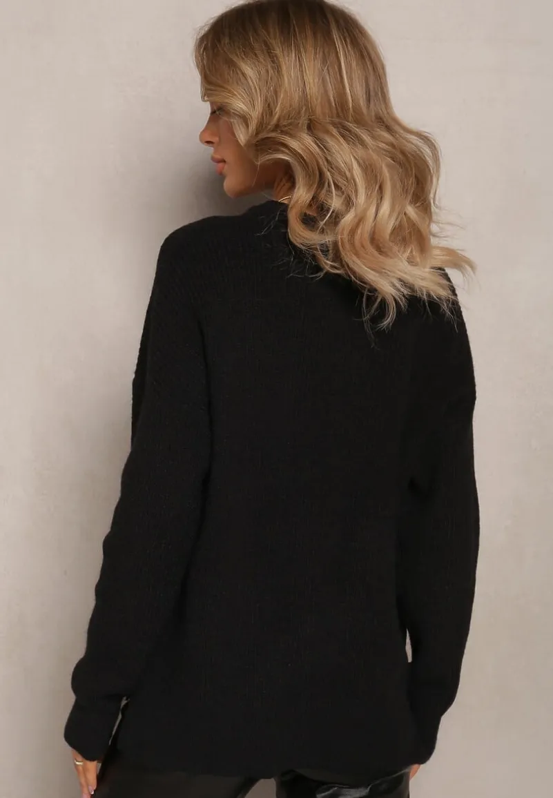 Czarny Dzianinowy Sweter z Okrągłym Dekoltem Aissorne