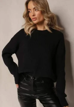 Czarny Dzianinowy Sweter z Okrągłym Dekoltem Aissorne