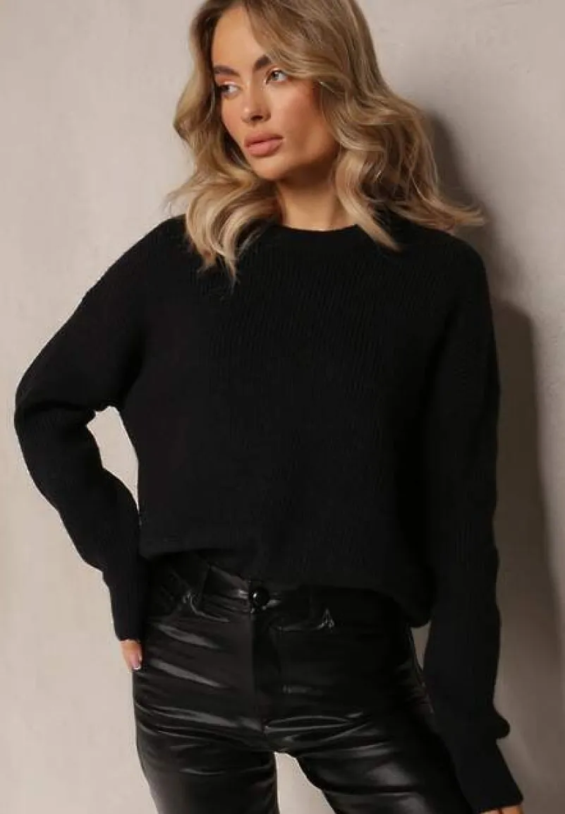 Czarny Dzianinowy Sweter z Okrągłym Dekoltem Aissorne