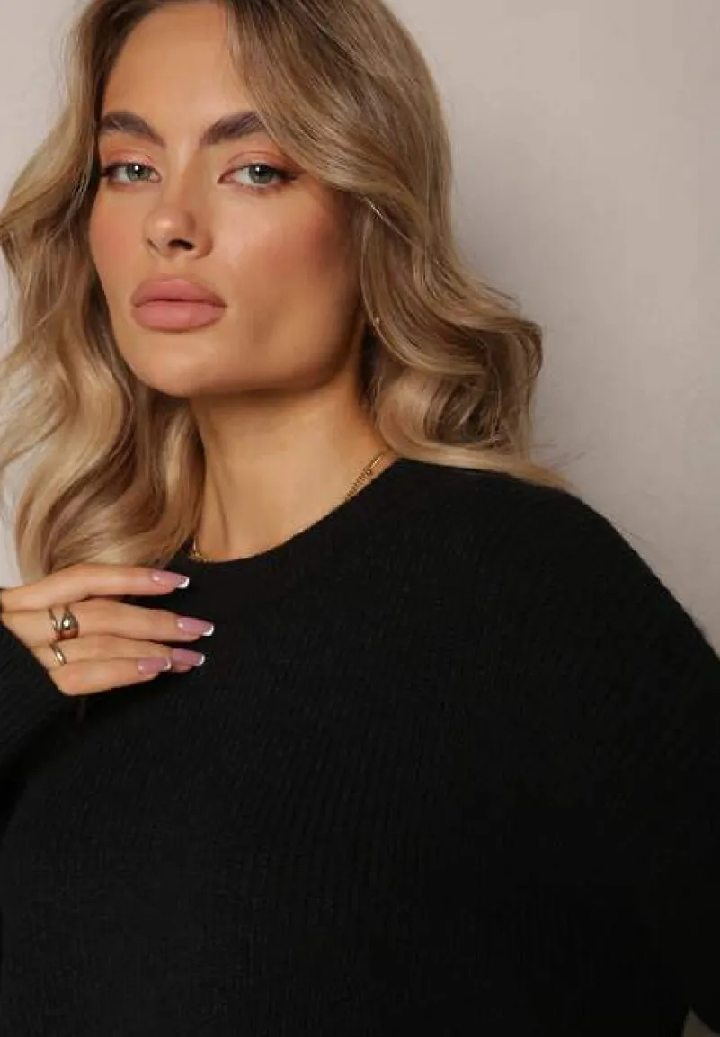 Czarny Dzianinowy Sweter z Okrągłym Dekoltem Aissorne