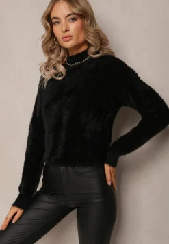 Czarny Dzianinowy Sweter z Dłuższym Włosiem i Półgolfem Christiam