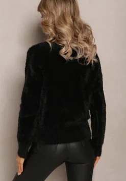 Czarny Dzianinowy Sweter z Dłuższym Włosiem i Półgolfem Christiam