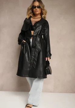 Czarny Ekoskórzany Płaszcz Dwurzędowy w Stylu Trencza z Paskiem Zerilina