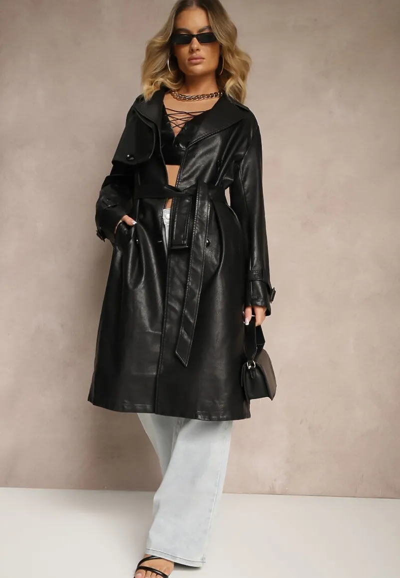Czarny Ekoskórzany Płaszcz Dwurzędowy w Stylu Trencza z Paskiem Zerilina