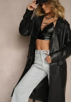 Czarny Ekoskórzany Płaszcz Dwurzędowy w Stylu Trencza z Paskiem Zerilina