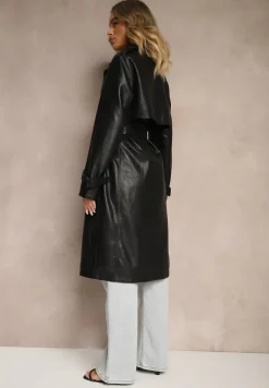 Czarny Ekoskórzany Płaszcz Dwurzędowy w Stylu Trencza z Paskiem Zerilina