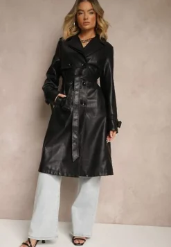 Czarny Ekoskórzany Płaszcz Dwurzędowy w Stylu Trencza z Paskiem Zerilina