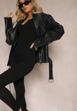 Czarny Elastyczny Kombinezon z Wycięciem przy Dekolcie o Dopasowanym Fasonie Yavriel