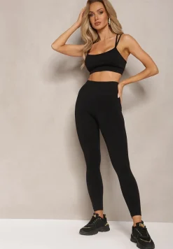 Czarny Elastyczny Komplet Fitness Usztywniany Biustonosz i Legginsy z Gumką Orbinra