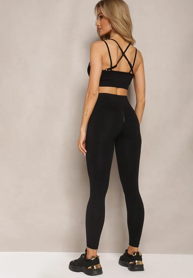 Czarny Elastyczny Komplet Fitness Usztywniany Biustonosz i Legginsy z Gumką Orbinra