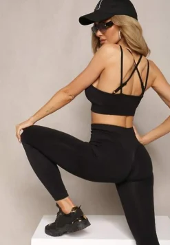 Czarny Elastyczny Komplet Fitness Usztywniany Biustonosz i Legginsy z Gumką Orbinra