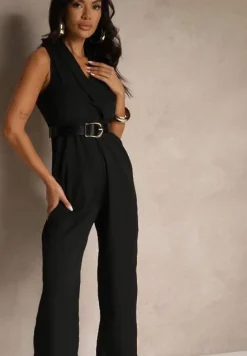 Czarny Elegancki Kombinezon z Paskiem i Ozdobną Klamrą Tilominea