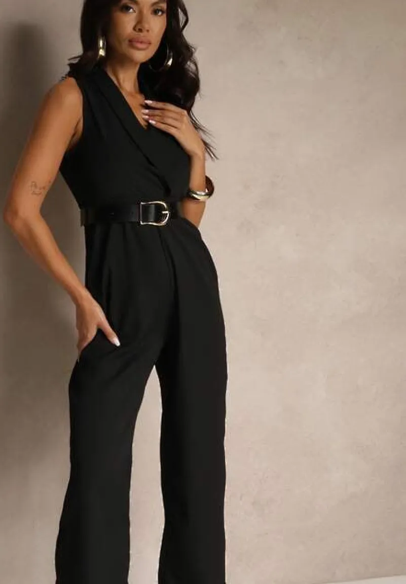 Czarny Elegancki Kombinezon z Paskiem i Ozdobną Klamrą Tilominea