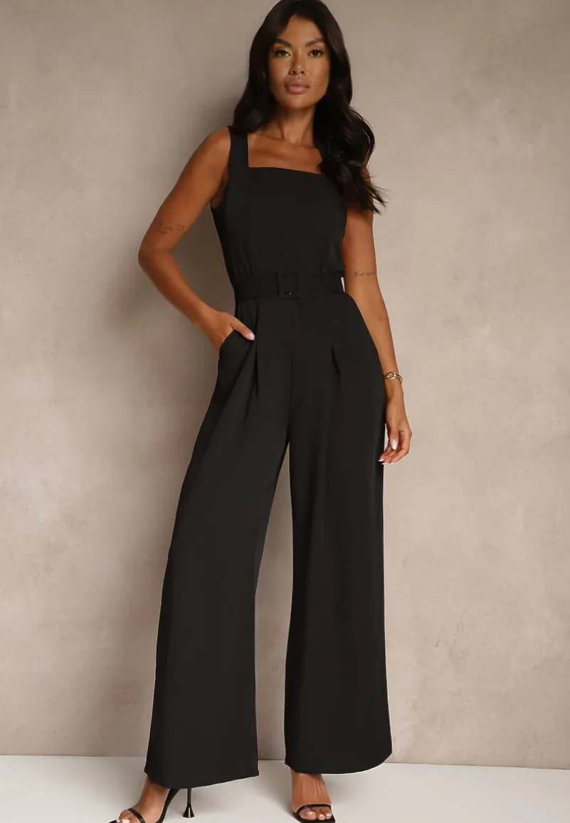 Czarny Elegancki Kombinezon Ozdobiony Paskiem z Klamrą Dolanela