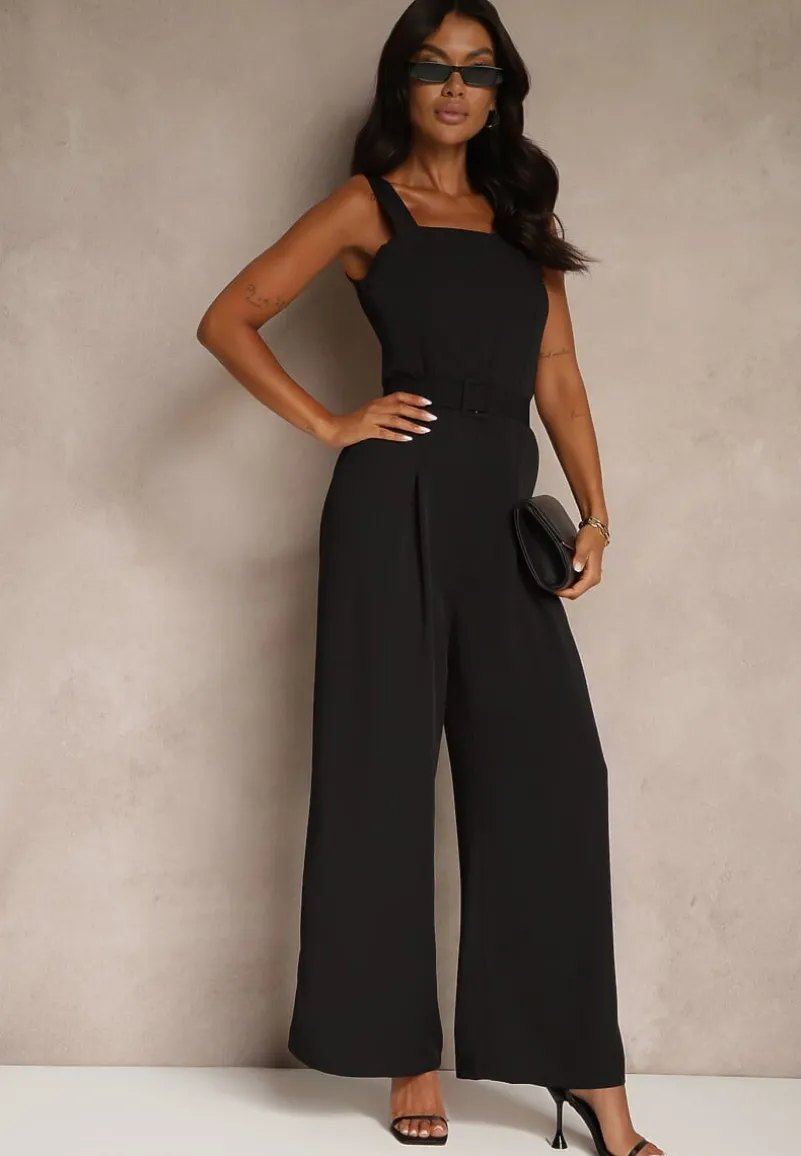 Czarny Elegancki Kombinezon Ozdobiony Paskiem z Klamrą Dolanela