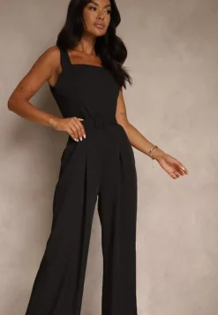 Czarny Elegancki Kombinezon Ozdobiony Paskiem z Klamrą Dolanela