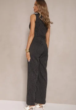 Czarny Elegancki Kombinezon Garniturowy w Delikatne Prążki Sarilva