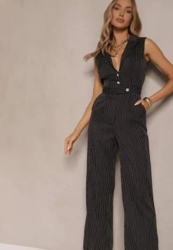 Czarny Elegancki Kombinezon Garniturowy w Delikatne Prążki Sarilva
