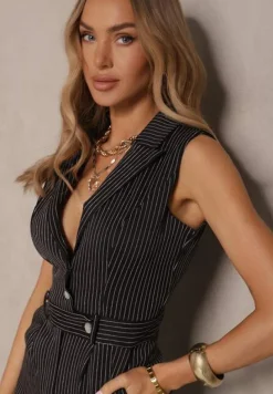 Czarny Elegancki Kombinezon Garniturowy w Delikatne Prążki Sarilva