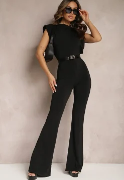 Czarny Elegancki Kombinezon z Odkrytymi Plecami Zapinany na Guziki Formina