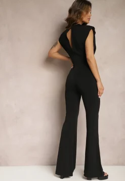 Czarny Elegancki Kombinezon z Odkrytymi Plecami Zapinany na Guziki Formina