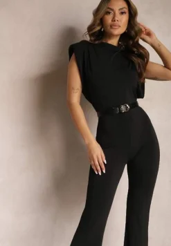 Czarny Elegancki Kombinezon z Odkrytymi Plecami Zapinany na Guziki Formina