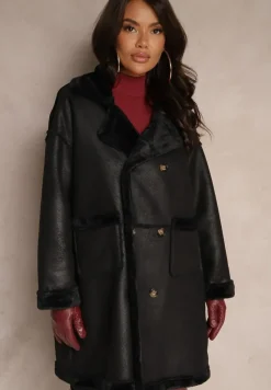 Czarny Futerkowy Płaszcz Dwurzędowy z Kieszeniami i Szerokim Kołnierzem Sartelia