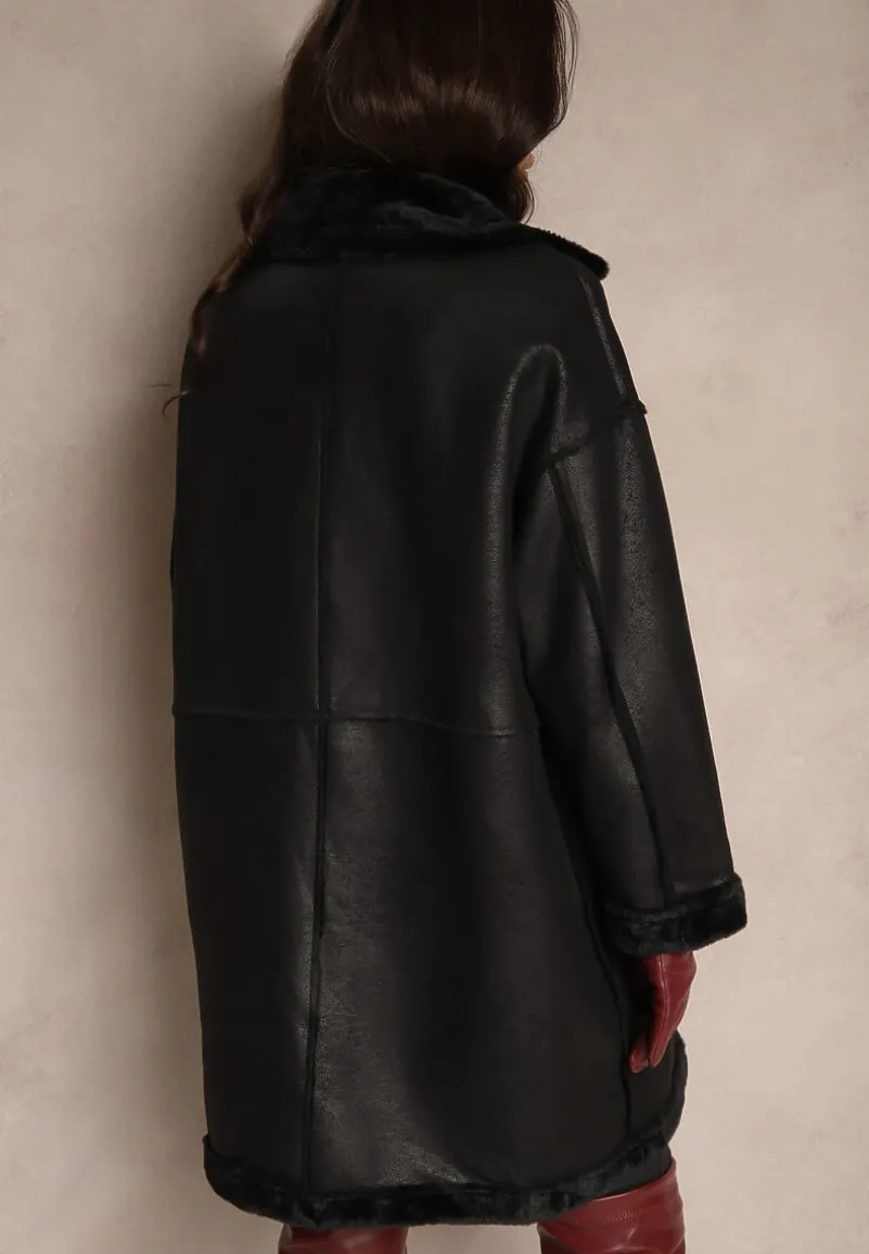 Czarny Futerkowy Płaszcz Dwurzędowy z Kieszeniami i Szerokim Kołnierzem Sartelia