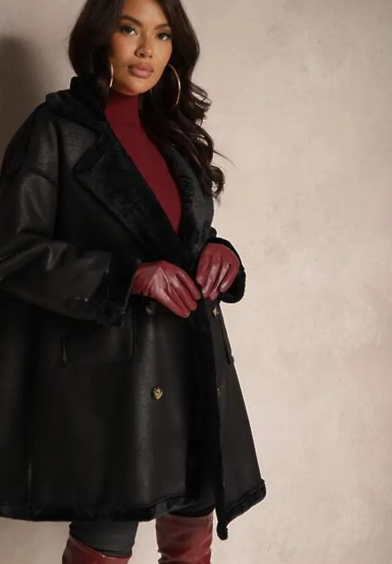 Czarny Futerkowy Płaszcz Dwurzędowy z Kieszeniami i Szerokim Kołnierzem Sartelia