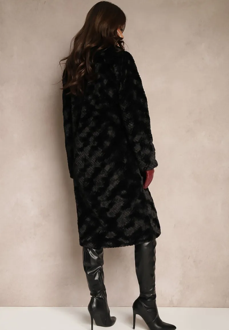 Czarny Futrzany Płaszcz Ozdobiony Pikowaniem i Wsuwanymi Kieszeniami Vertissa