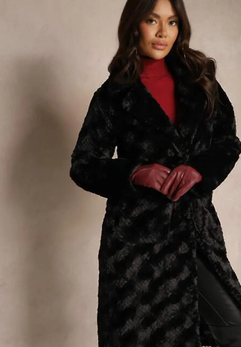 Czarny Futrzany Płaszcz Ozdobiony Pikowaniem i Wsuwanymi Kieszeniami Vertissa