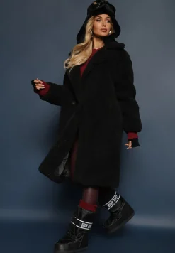 Czarny Futrzany Płaszcz Teddy Zapinany na Guziki Bathalasa