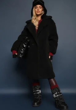 Czarny Futrzany Płaszcz Teddy Zapinany na Guziki Bathalasa